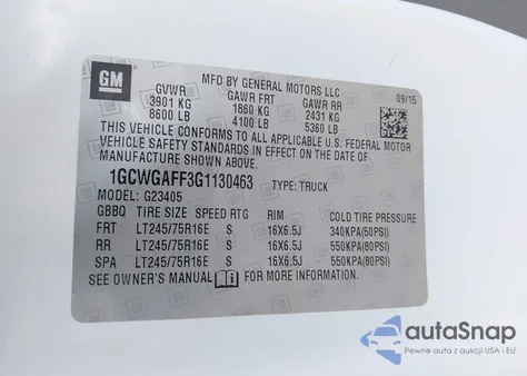 2016 Chevrolet Express 2500 Work Van from USA, damaged, VIN 1GCWGAFF3G1130463